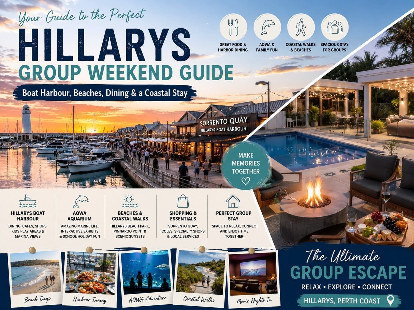 Featured image for a Hillarys group weekend guide, showing Hillarys Boat Harbour, beach walks, marina dining, AQWA and a spacious coastal stay for families or friends.
