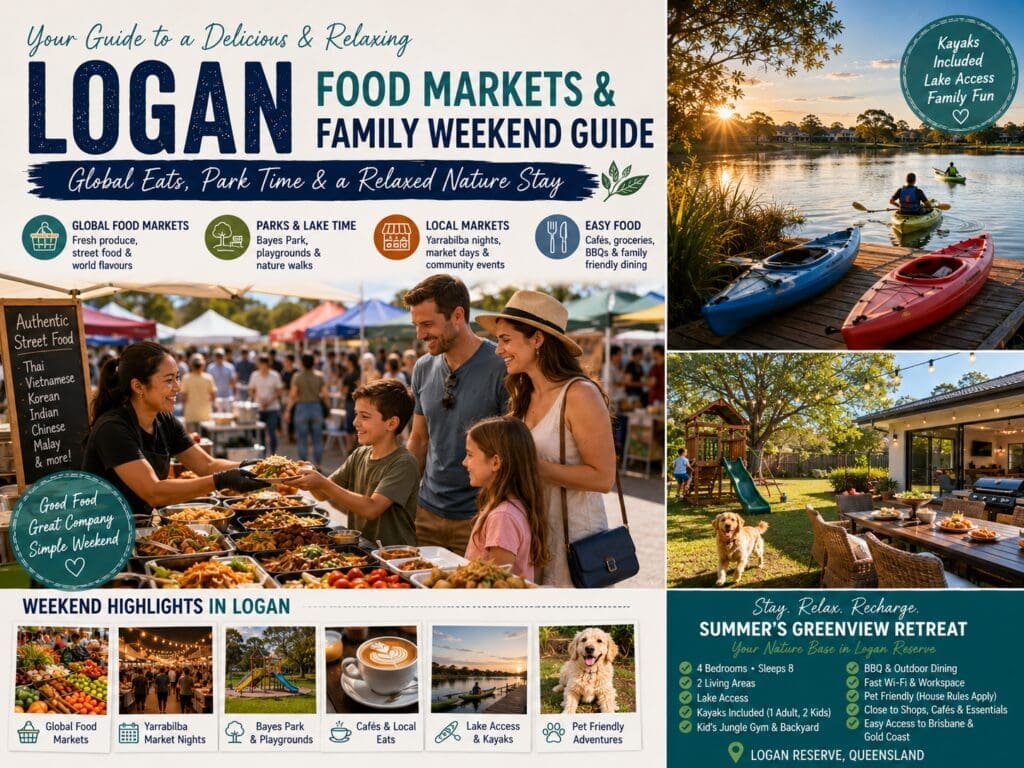 Featured image for a Logan food markets and family weekend guide, showing market food, park time, lake views, kayaks and a relaxed family nature stay.