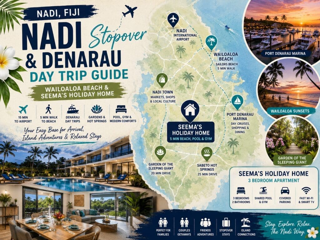 Featured image for a Nadi stopover and Denarau day trip guide showing Wailoaloa Beach, Port Denarau, Nadi airport and Seema’s Holiday Home cues.