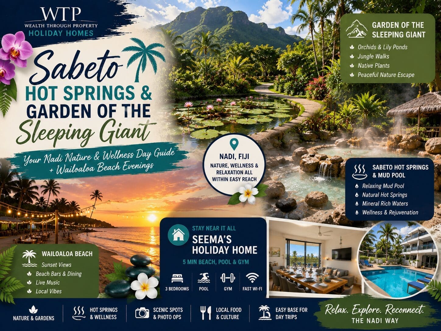 Featured image for a Nadi day trip guide showing Garden of the Sleeping Giant, Sabeto Hot Springs, Wailoaloa Beach and Seema’s Holiday Home cues.