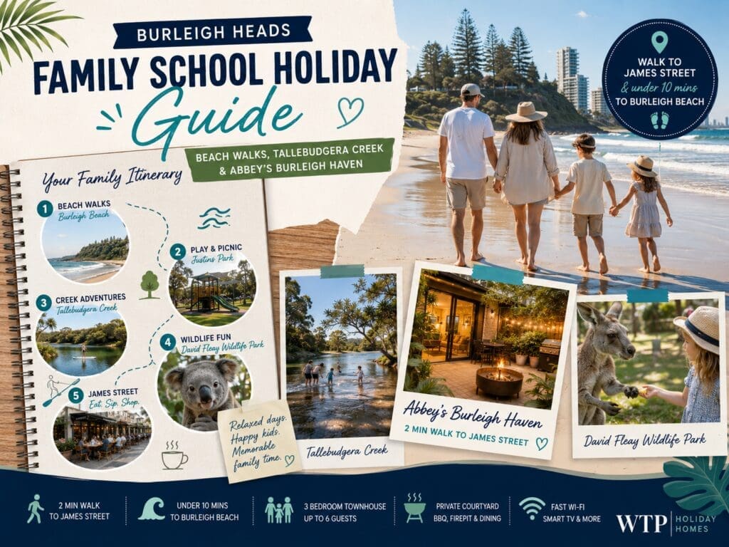 Featured image for a Burleigh Heads family school holiday guide showing beach walks, Tallebudgera Creek, wildlife and townhouse accommodation cues.