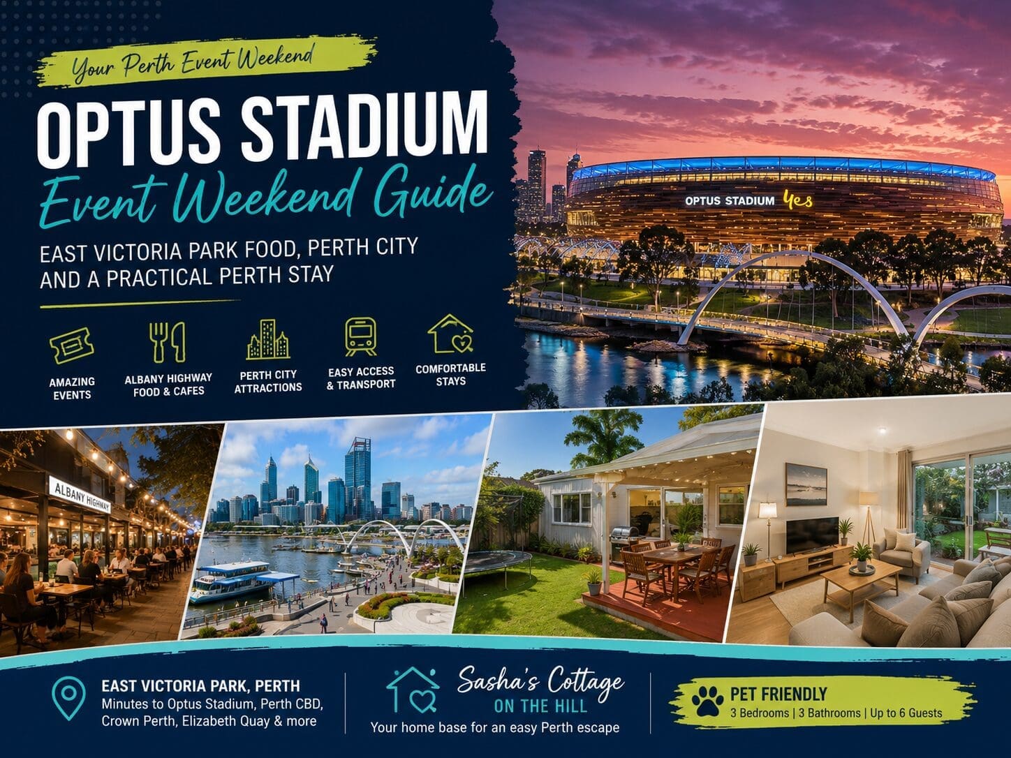 Featured image for an Optus Stadium event weekend guide showing Perth city, East Victoria Park food and a practical cottage-style stay near stadium events.