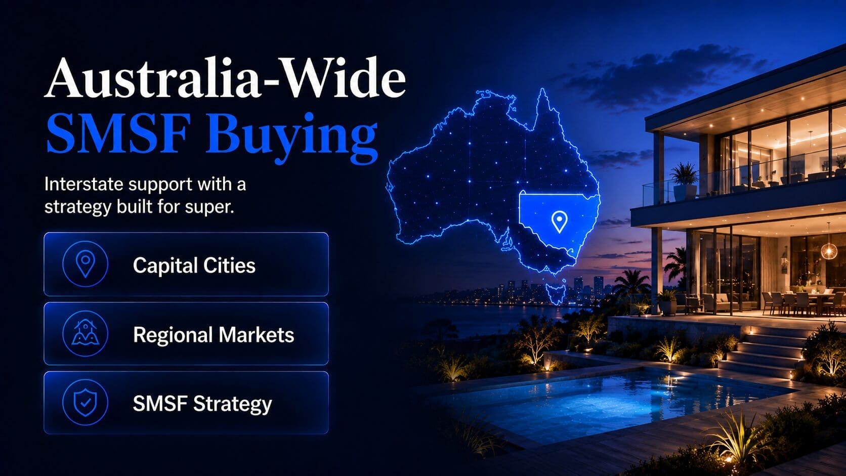 Australia-wide SMSF buyers agent service showing property buying support across capital cities, regional markets and interstate locations.