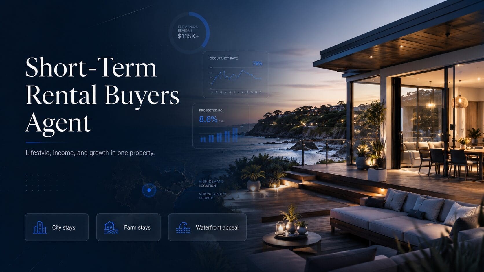 Short-Term Rental Buyers Agent hero image showing a premium coastal holiday property with income, occupancy, and visitor demand insights.