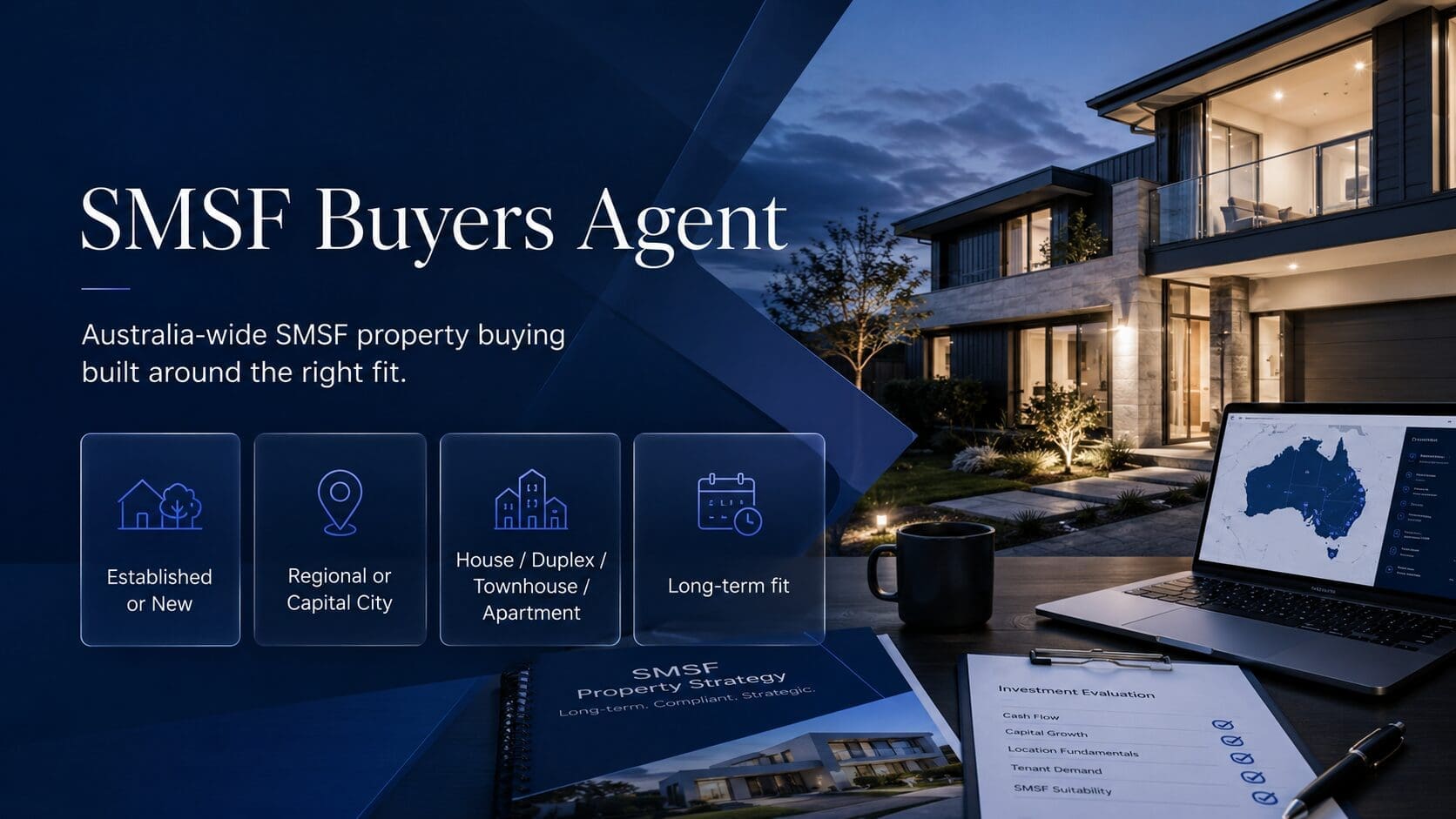 SMSF Buyers Agent hero image showing SMSF property strategy, investment evaluation, and Australia-wide property selection.