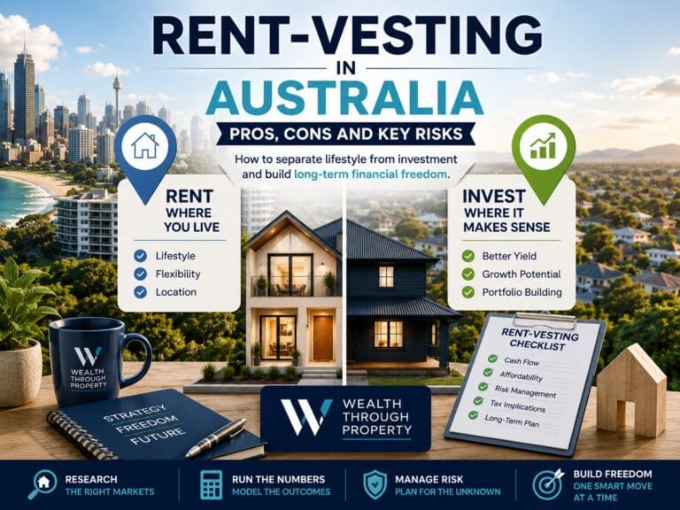 Featured image for a Wealth Through Property blog about rent-vesting in Australia, showing a property strategy split between lifestyle renting and investment buying.