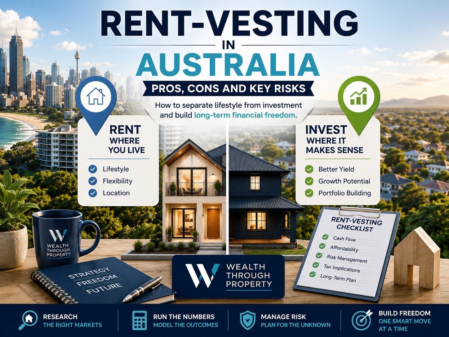 Featured image for a Wealth Through Property blog about rent-vesting in Australia, showing a property strategy split between lifestyle renting and investment buying.