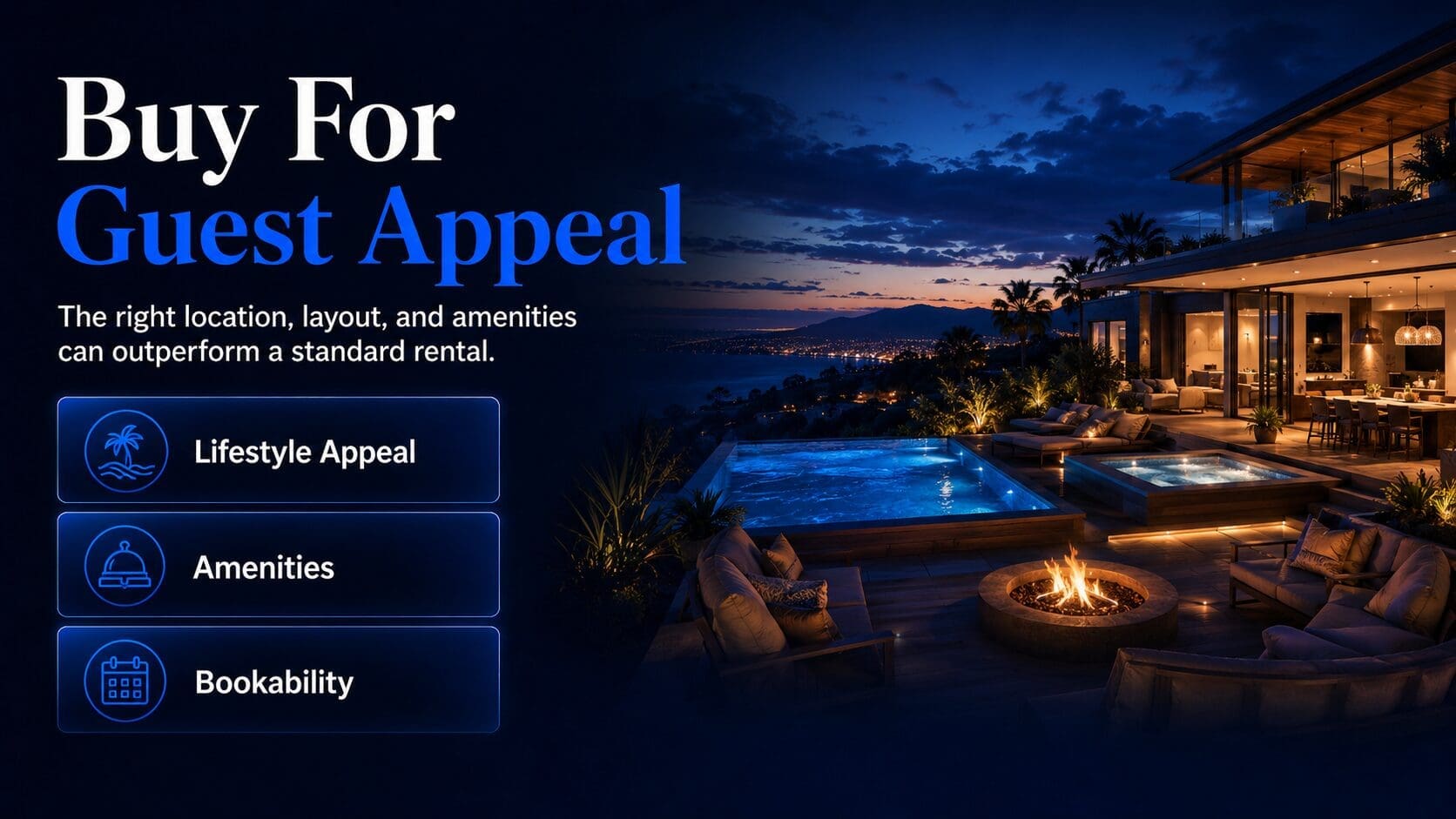 Short-term rental buyer’s agent image showing guest appeal, amenities and bookability for Airbnb investment properties
