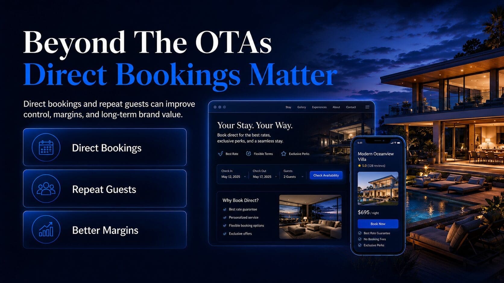 Short-term rental buyer’s agent image showing direct bookings, repeat guests and stronger margins