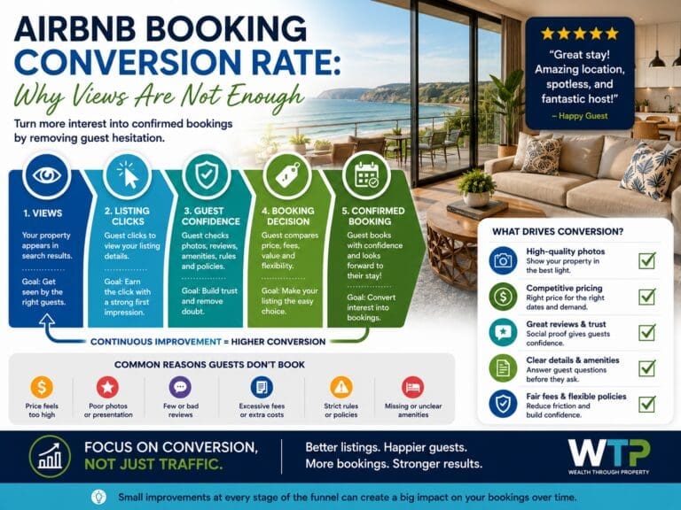 Featured image for a blog about Airbnb booking conversion rate, showing a short-term rental conversion funnel from listing views to confirmed bookings.