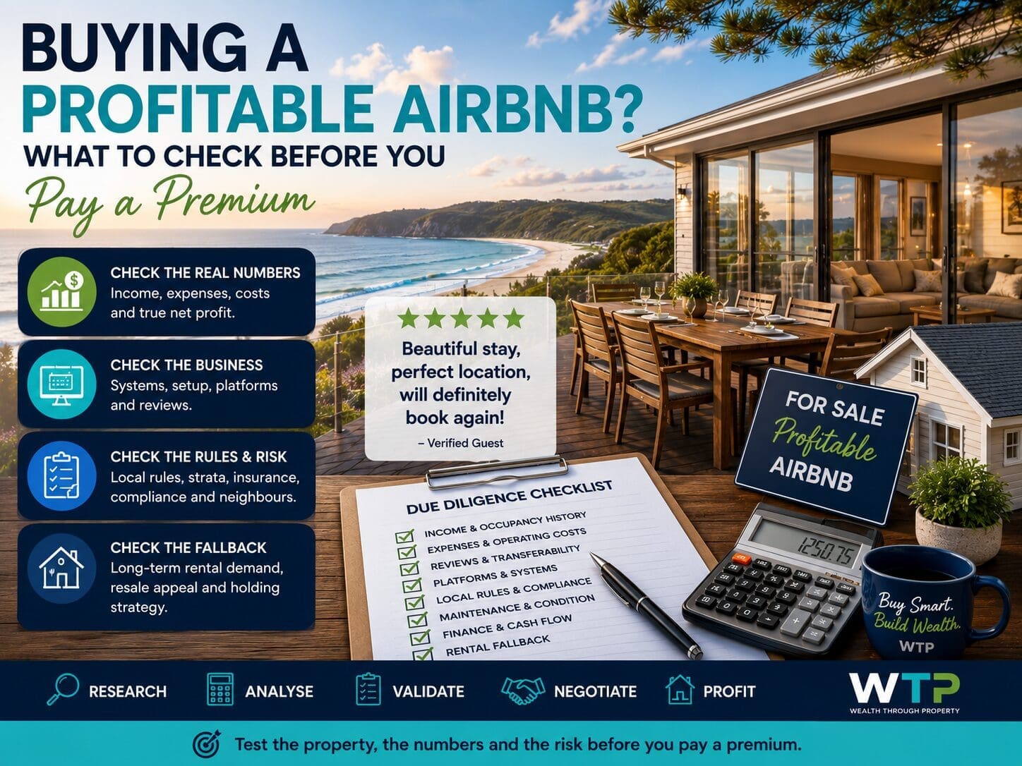 Featured image for a blog about buying a profitable Airbnb, showing a short-term rental property with due diligence, income, expense and review-transfer checks.