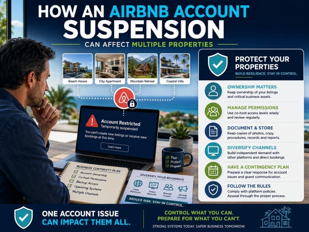 Short-term rental owner reviewing an Airbnb account suspension risk affecting several managed property listings.