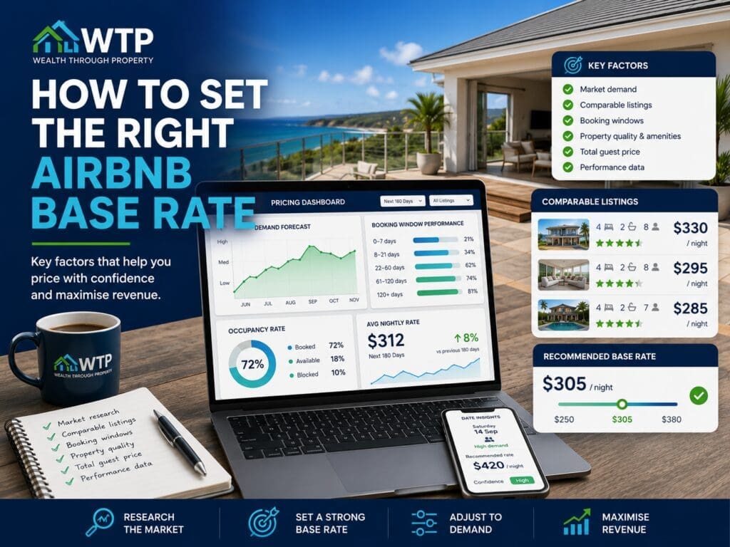 Airbnb host reviewing a base-rate pricing strategy using comparable listings, demand trends and a short-term rental calendar.