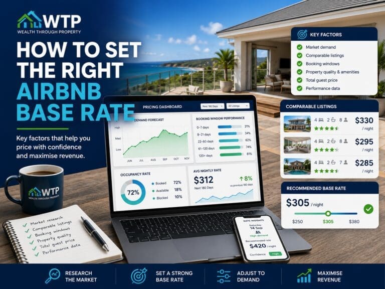 Airbnb host reviewing a base-rate pricing strategy using comparable listings, demand trends and a short-term rental calendar.