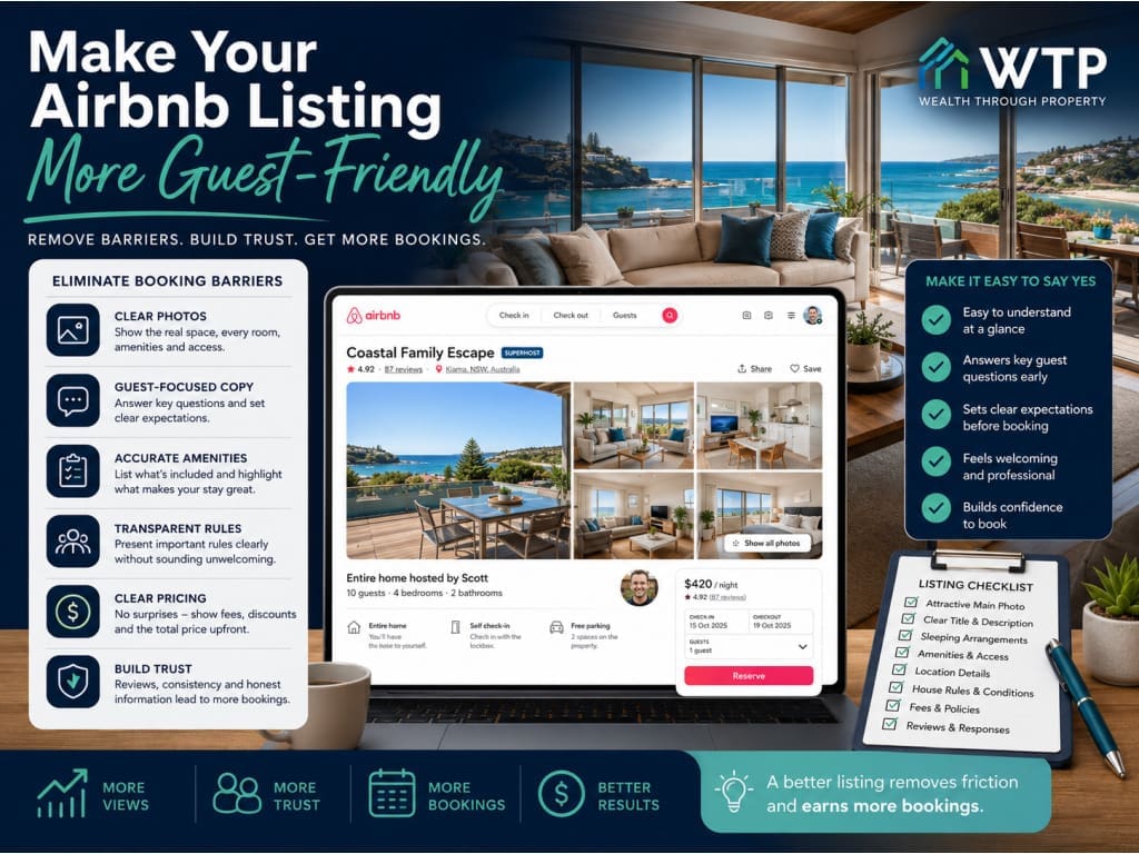 Airbnb host reviewing listing photos, amenities, house rules and booking barriers to create a more guest-friendly listing.