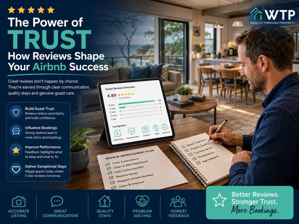 Airbnb host reviewing guest feedback, property quality, communication and improvement actions to build trust through better reviews.