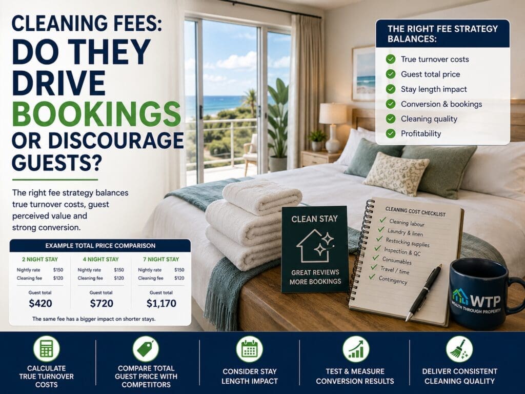 Bright short-term rental bedroom with fresh towels, cleaning checklist and pricing guidance explaining how Airbnb cleaning fees affect total guest price and bookings.