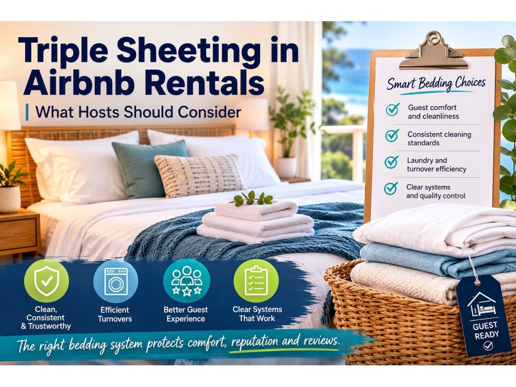 Neatly prepared Airbnb bedroom with layered bedding and a linen turnover checklist representing the triple sheeting versus quilt cover decision.