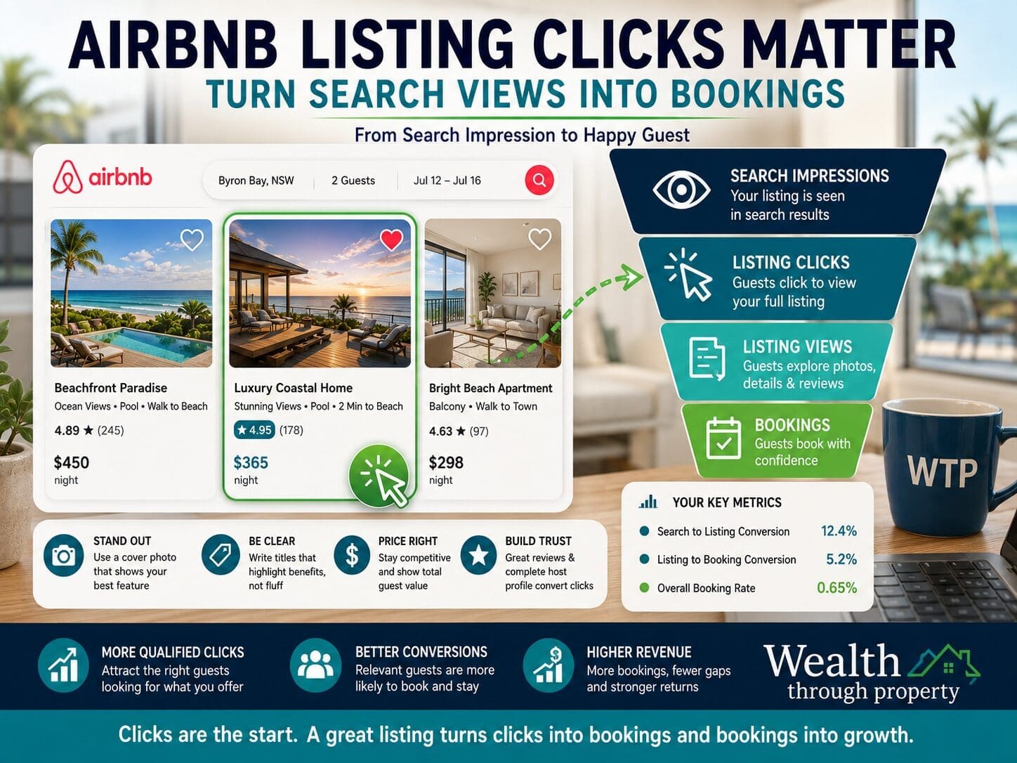 Airbnb listing optimisation graphic showing search impressions, listing clicks and bookings moving through a guest conversion funnel.
