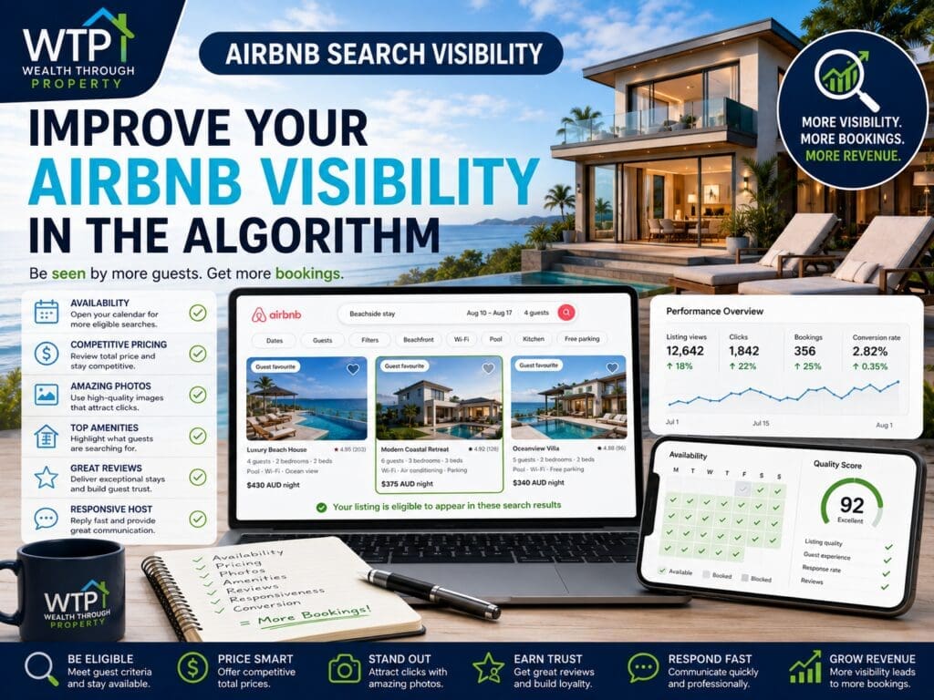 Airbnb host reviewing search visibility, listing photos, availability, pricing, amenities and guest engagement.