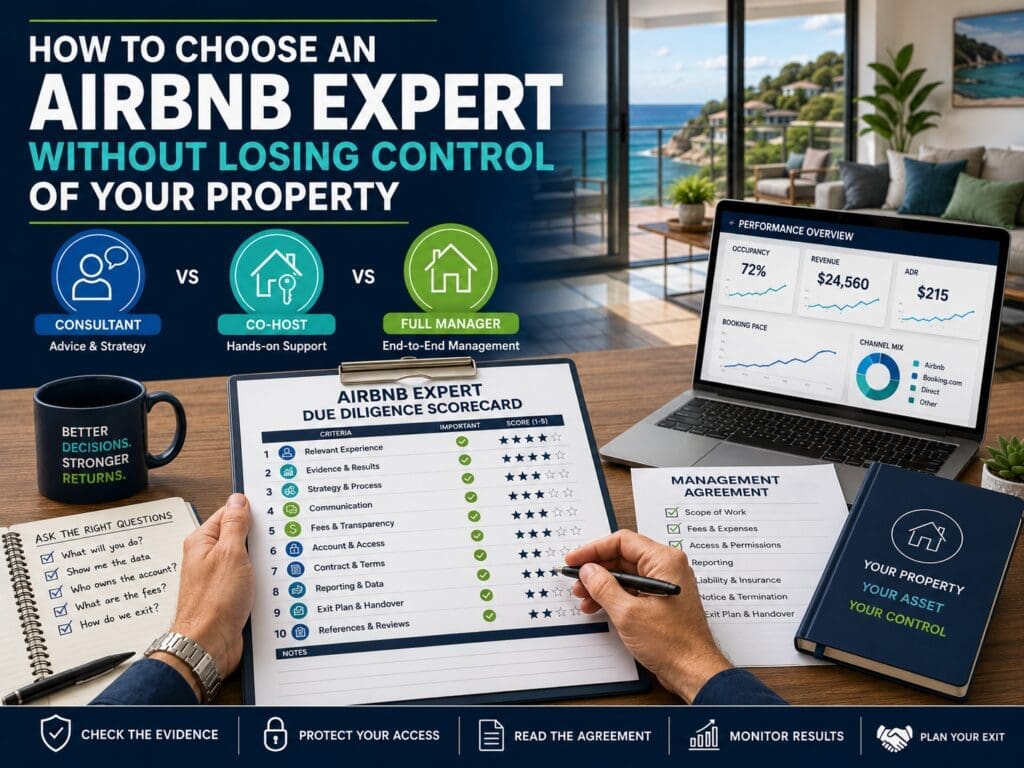 Property owner comparing Airbnb consultants, co-hosts and managers using a due diligence checklist covering evidence, access, fees and performance.