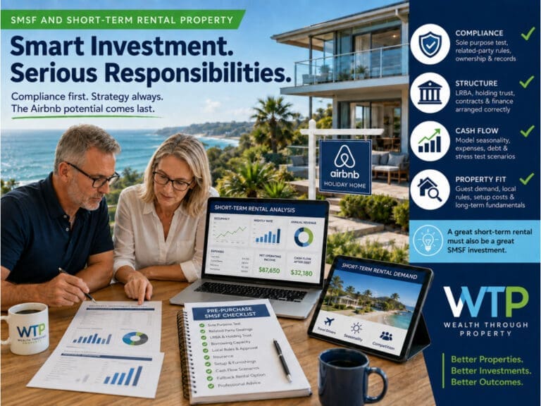 SMSF trustees reviewing compliance, cash flow, borrowing and short-term rental demand before purchasing an investment property.