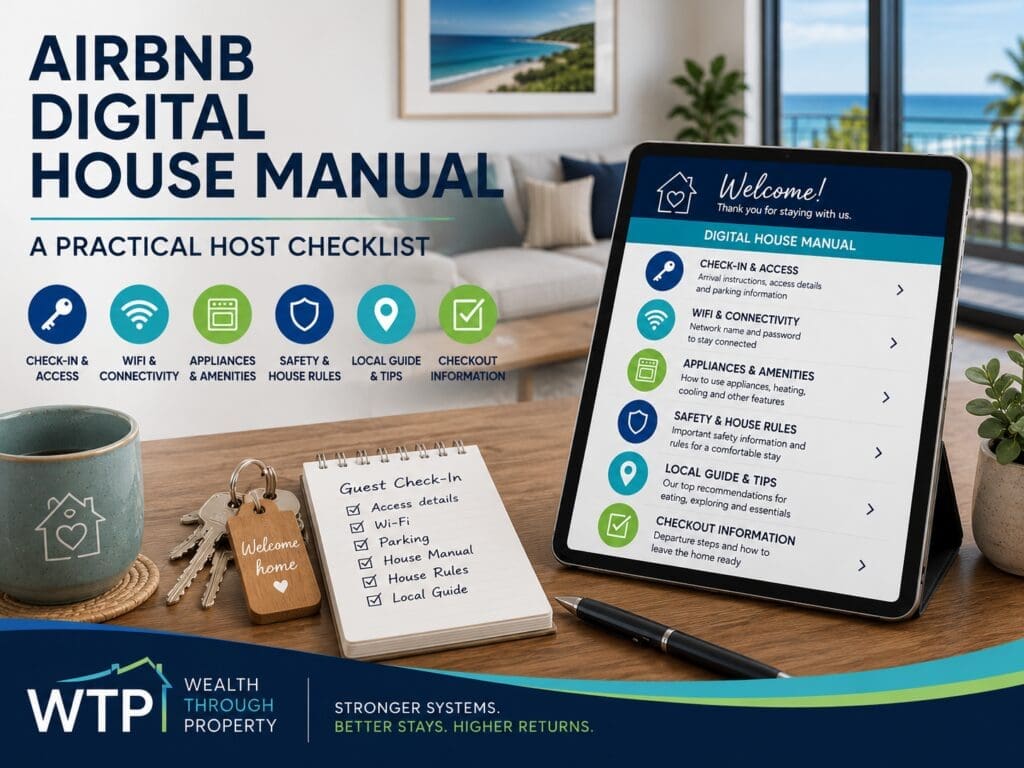 Digital Airbnb house manual displayed on a tablet beside property keys and a guest check-in checklist.