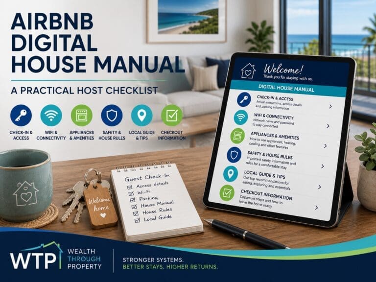 Digital Airbnb house manual displayed on a tablet beside property keys and a guest check-in checklist.