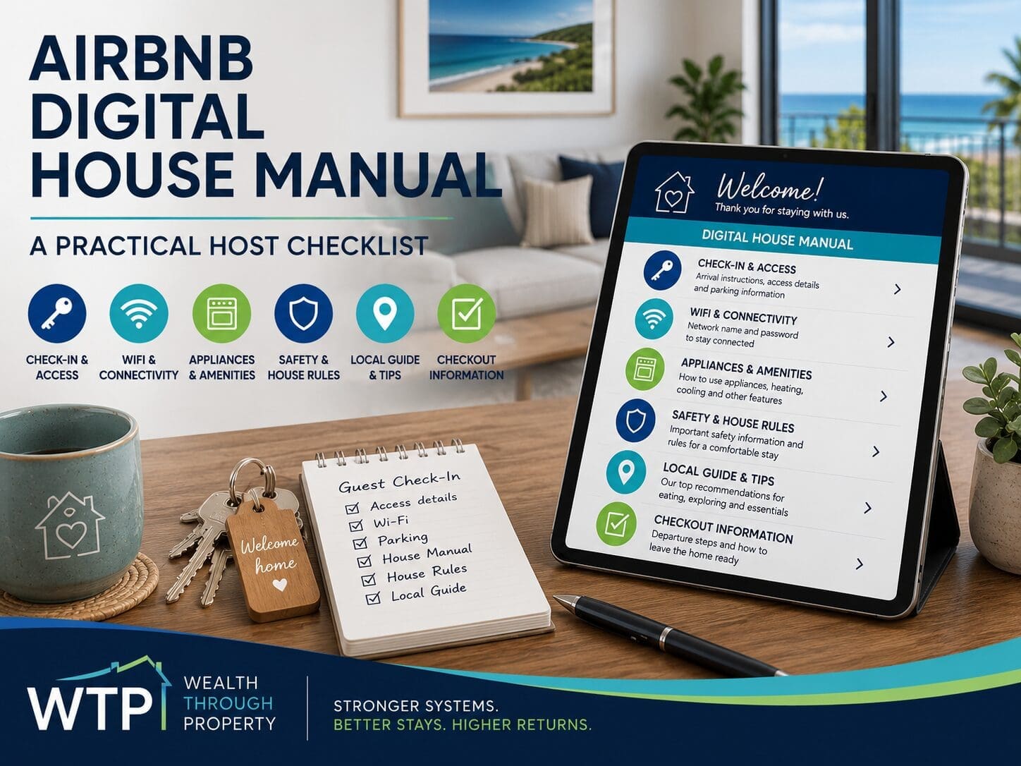 Digital Airbnb house manual displayed on a tablet beside property keys and a guest check-in checklist.