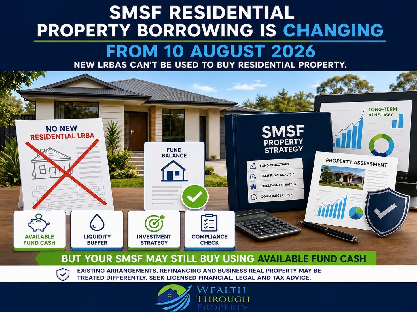 Illustration explaining the SMSF residential property borrowing changes from 10 August 2026, with a house, SMSF strategy folder, available fund cash and compliance checklist.