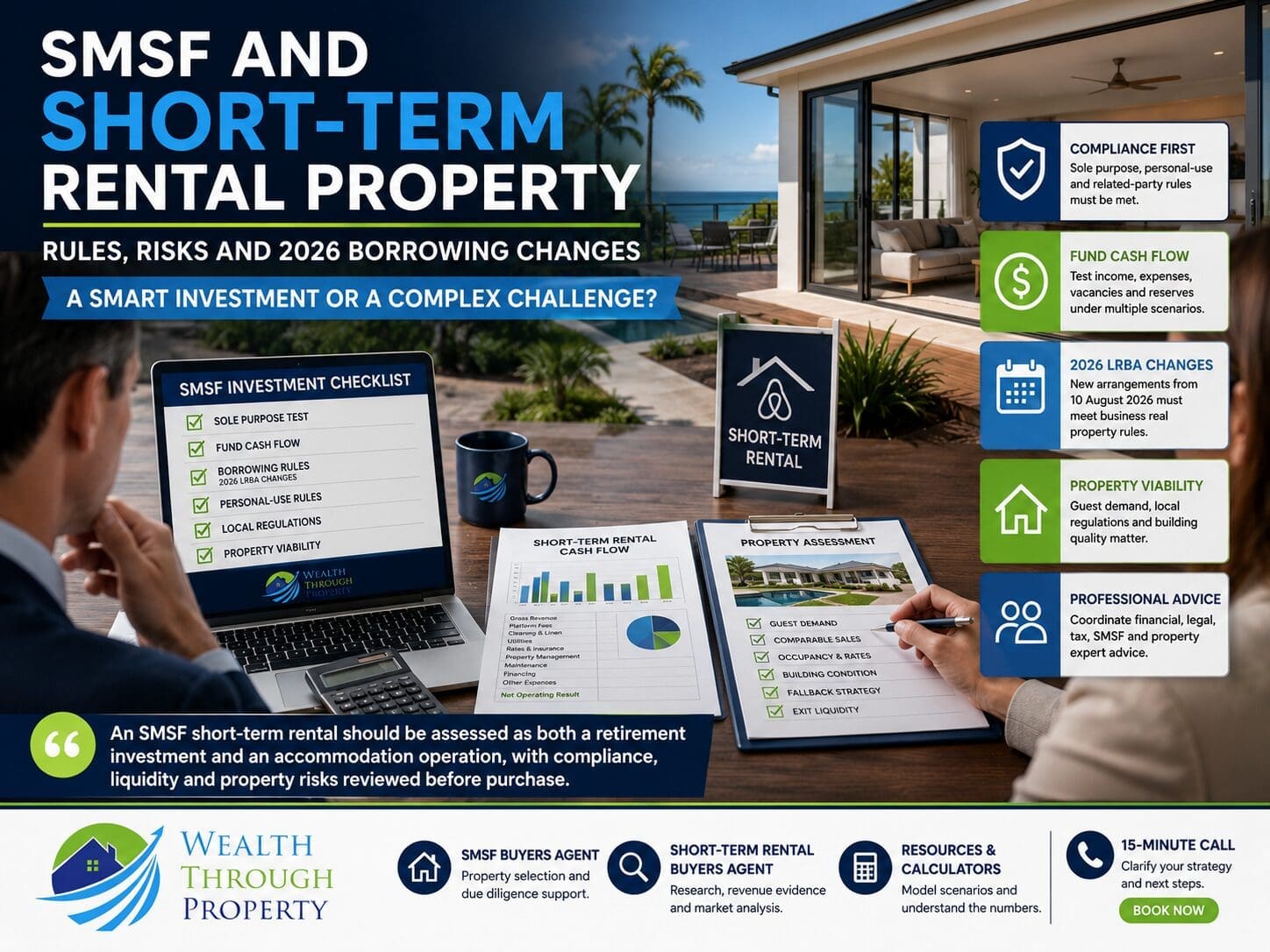 SMSF trustees reviewing compliance, borrowing, cash flow and short-term rental demand before purchasing an investment property.