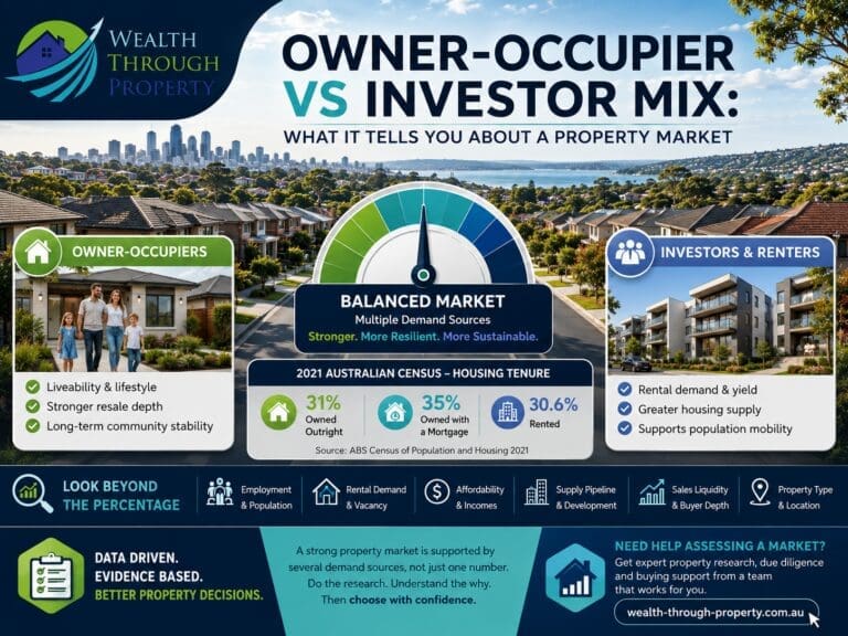Australian suburb being assessed for owner-occupier demand, renter share, investor activity, rental conditions and long-term buyer depth.