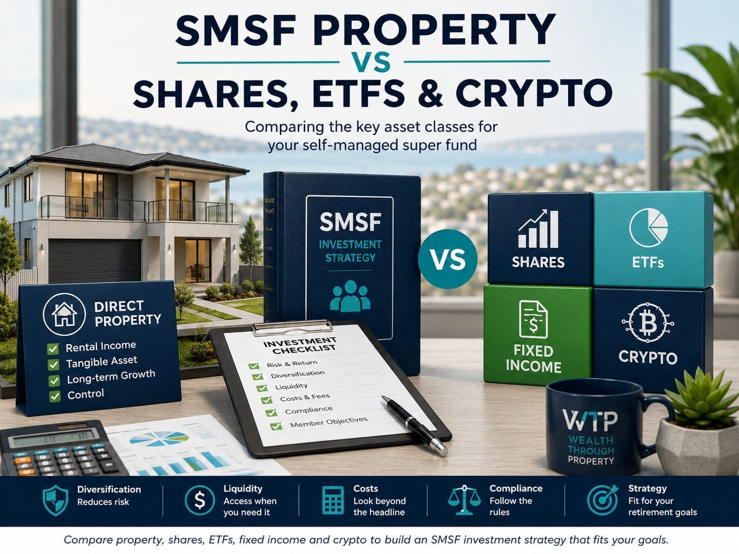 SMSF trustees comparing direct property, shares, ETFs, fixed income and crypto using an investment strategy and risk checklist.