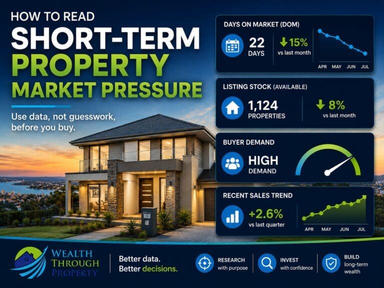 Australian investment property with market research panels showing days on market, listing stock, buyer demand and recent sales trends.