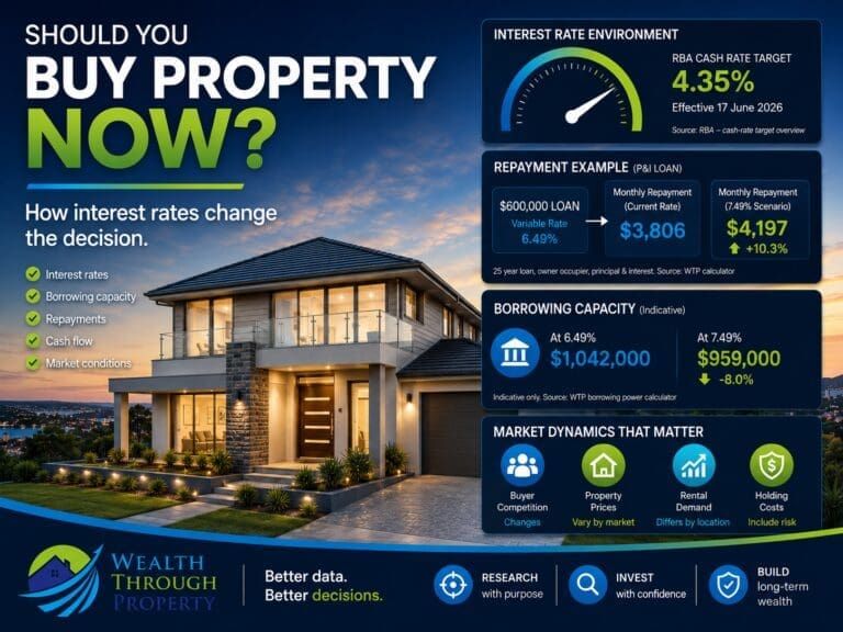 Australian property with mortgage repayment, borrowing capacity, interest-rate and market-demand research panels.