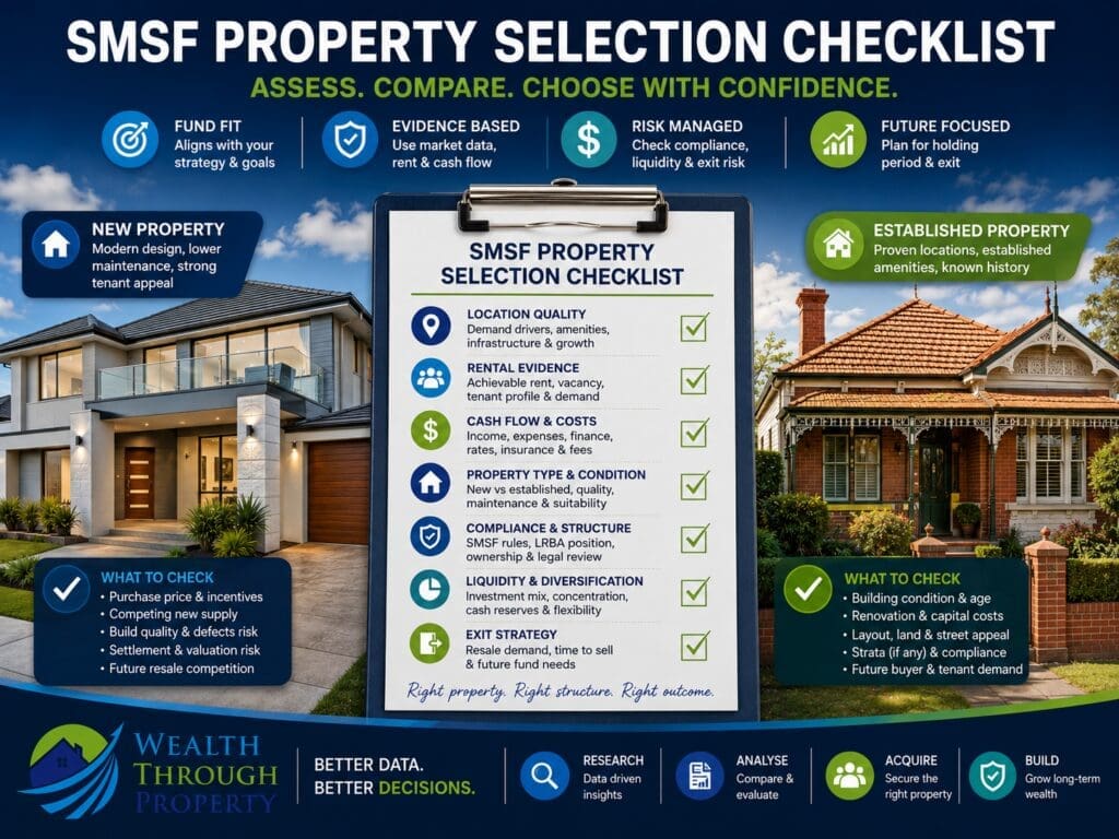 New and established Australian properties beside an SMSF property selection checklist covering rent, liquidity, condition, compliance and exit planning.