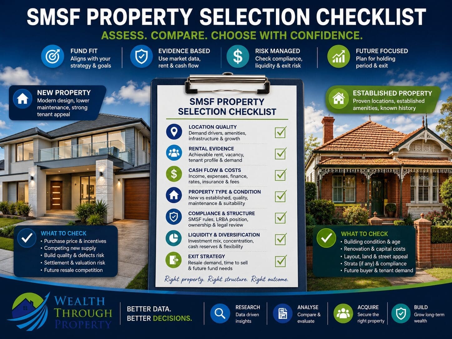 New and established Australian properties beside an SMSF property selection checklist covering rent, liquidity, condition, compliance and exit planning.