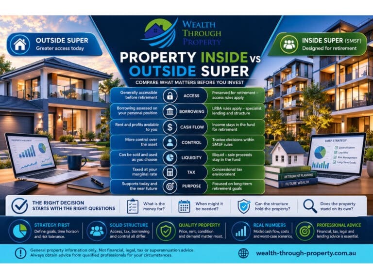 Australian property investment compared inside and outside super using access, borrowing, cash flow, liquidity and retirement-strategy criteria.
