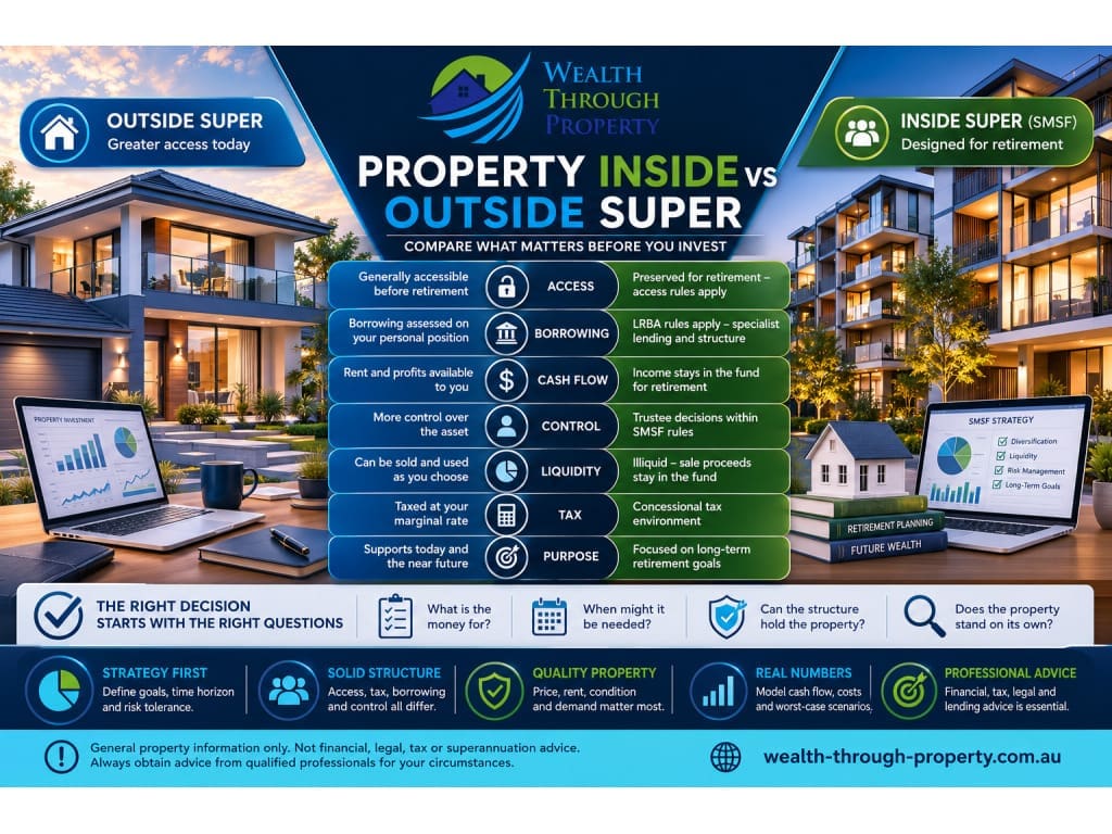 Australian property investment compared inside and outside super using access, borrowing, cash flow, liquidity and retirement-strategy criteria.