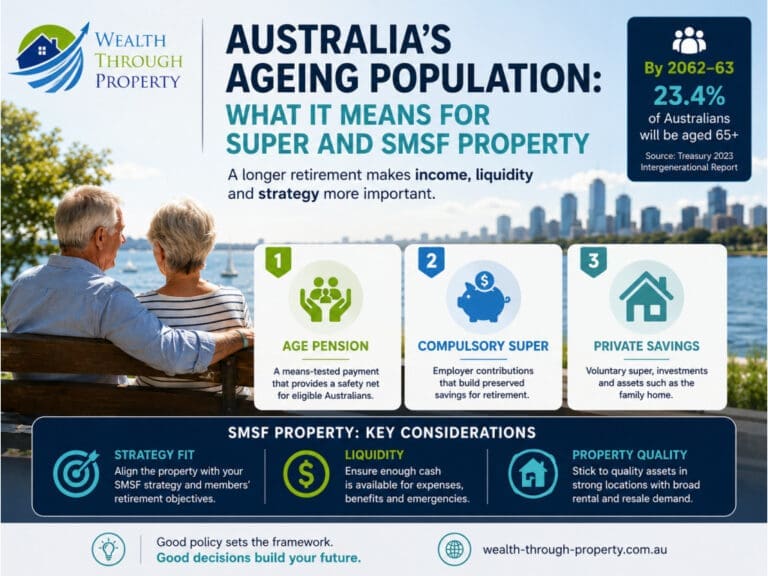 Older Australians beside Age Pension, superannuation, private savings and SMSF property planning panels.