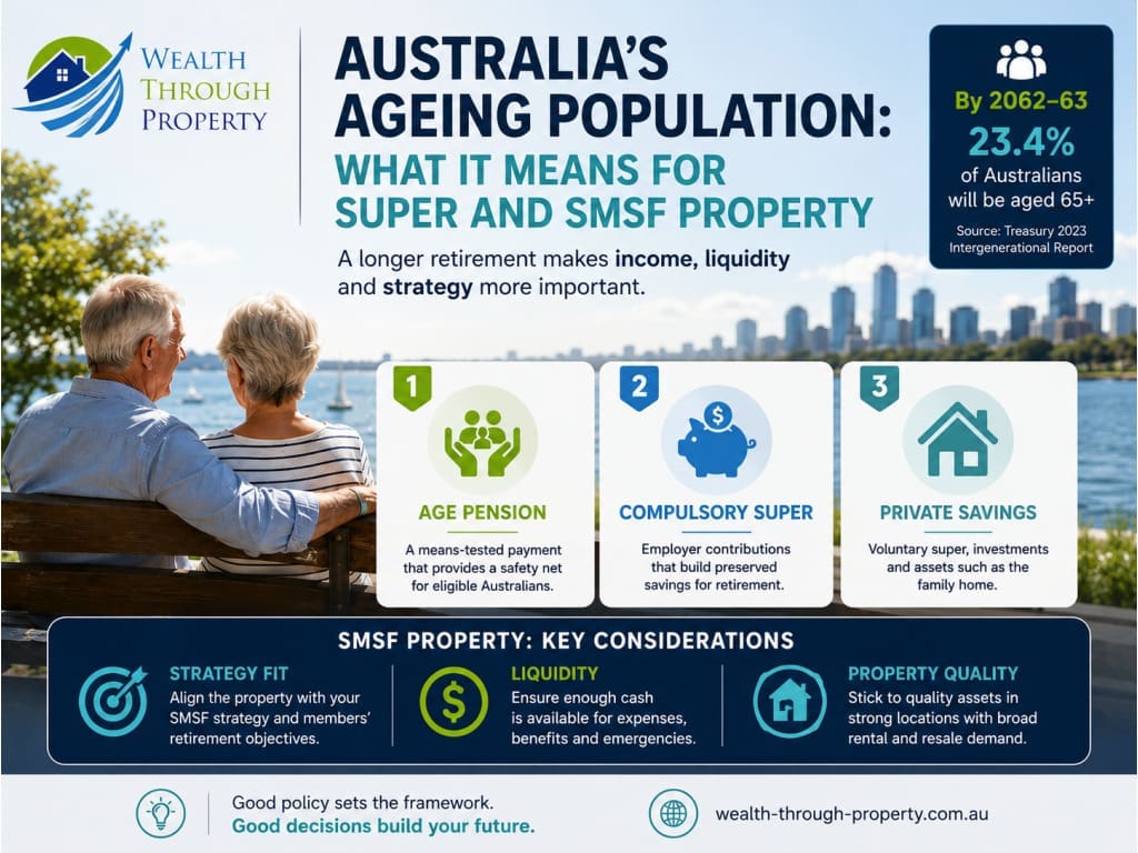 Older Australians beside Age Pension, superannuation, private savings and SMSF property planning panels.