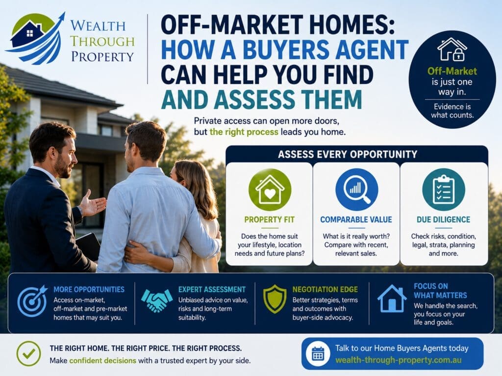 Home buyer and buyers agent assessing an off-market home using property fit, comparable sales, vendor motivation and due diligence.