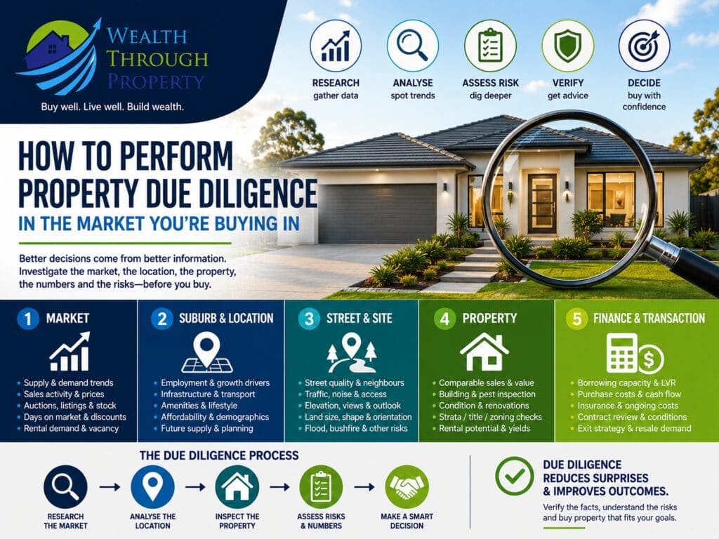 Australian property buyer assessing market conditions, comparable sales, location risks, property condition and finance before purchase.