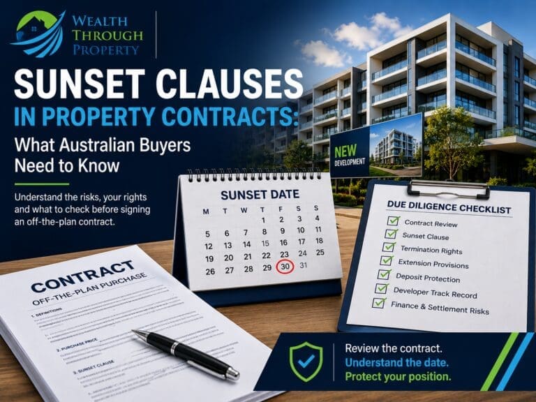 Australian property buyer reviewing an off-the-plan contract, sunset date and due-diligence checklist before signing.