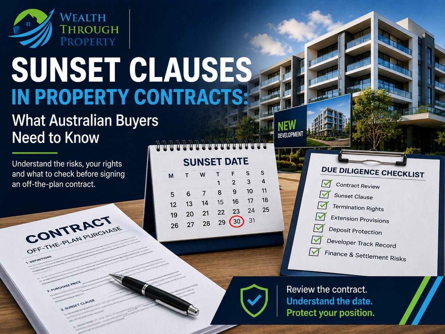 Australian property buyer reviewing an off-the-plan contract, sunset date and due-diligence checklist before signing.