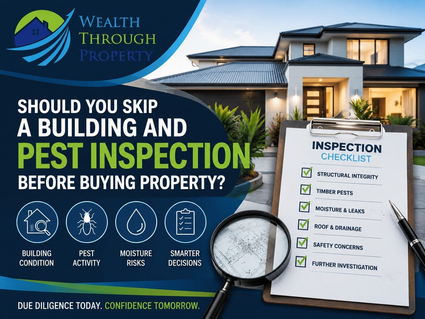 Building and pest inspection checklist beside an Australian house before a property purchase.