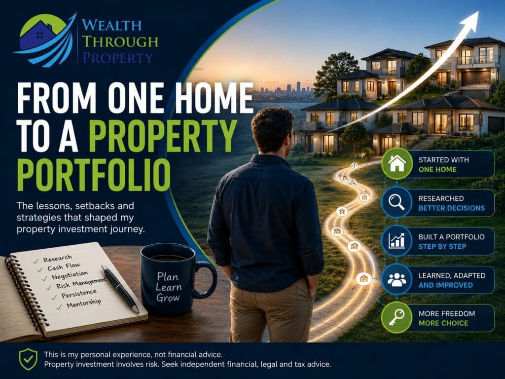 Australian property investor’s journey from one home to a growing property portfolio, shown with property strategy and research elements.