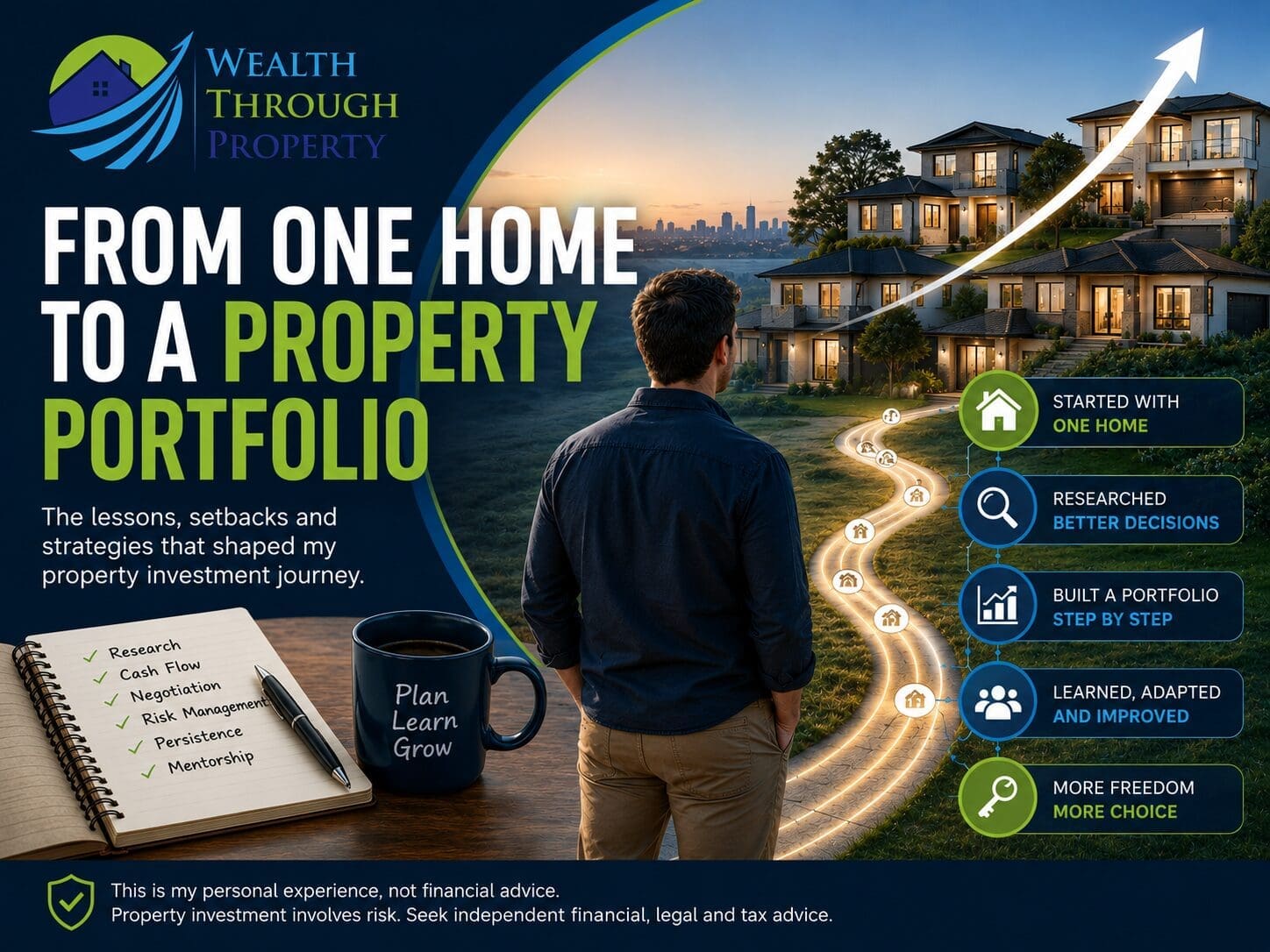 Australian property investor’s journey from one home to a growing property portfolio, shown with property strategy and research elements.