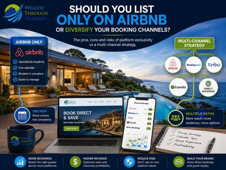 Holiday rental booking strategy showing Airbnb, multiple booking channels and a direct-booking pathway.
