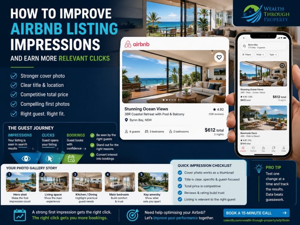 Short-term rental owner reviewing an Airbnb cover photo, listing impressions, guest clicks and photo-gallery order.